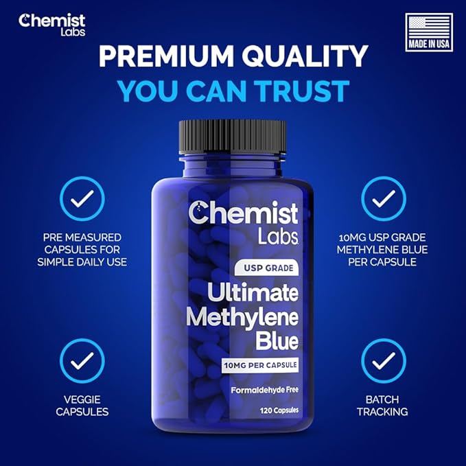 Methylene Blue Capsules – 99% USP Grade – High-Purity Antioxidant Supplement – Supports Mitochondrial Function, Cellular Energy & Mental Clarity – 120 Veggie Caps – Made in USA ml
