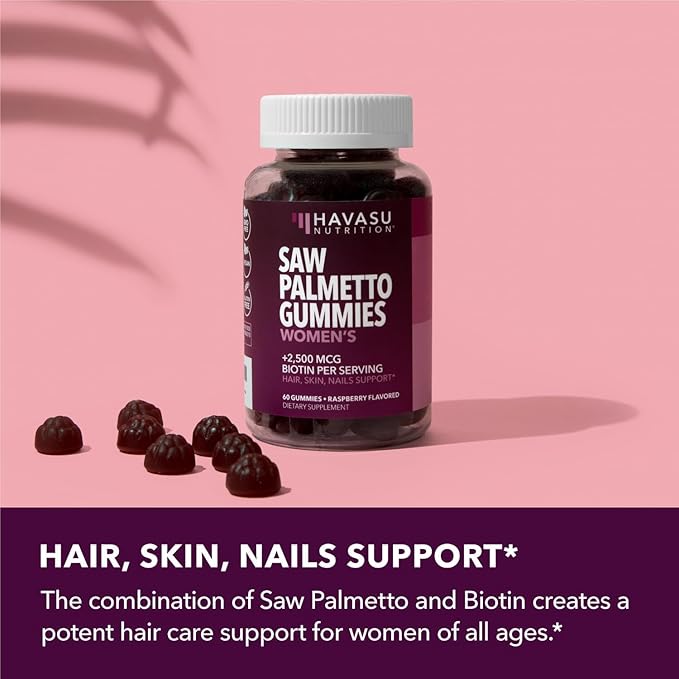 Saw Palmetto for Women with 2500mcg Biotin - DHT Blocker and Hair, Skin, Nail Health Gummies - 60 Count - Supports Stronger and Fuller Looking Locks and Radiant Skin - Vegan, Non-GMO, 1 Month Supply