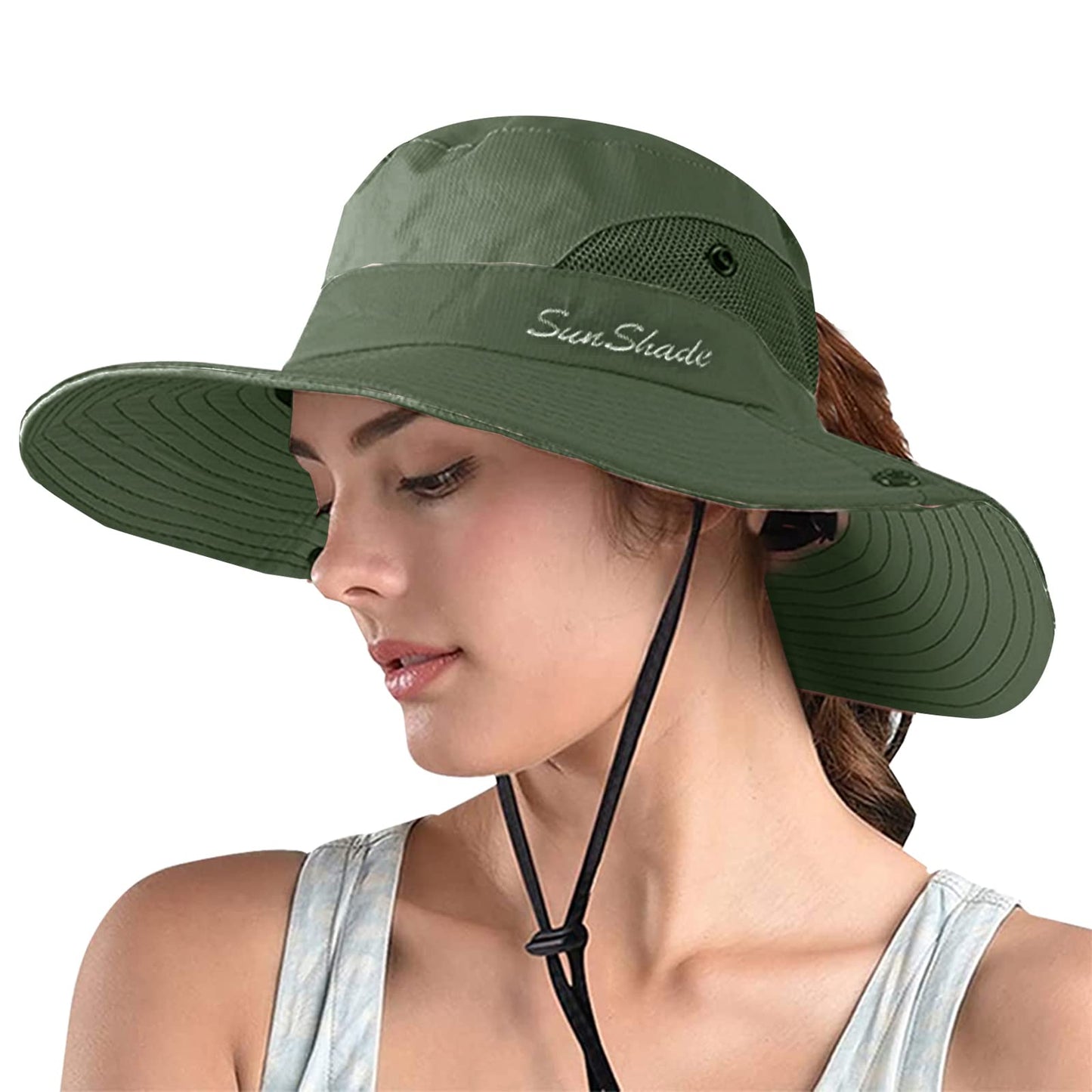 ZOORON 1 Pack Women's Ponytail Safari Sun Hat,Wide Brim UV Protection Outdoor Bucket Hat,Foldable Beach Summer Fishing Hat(puregreen)