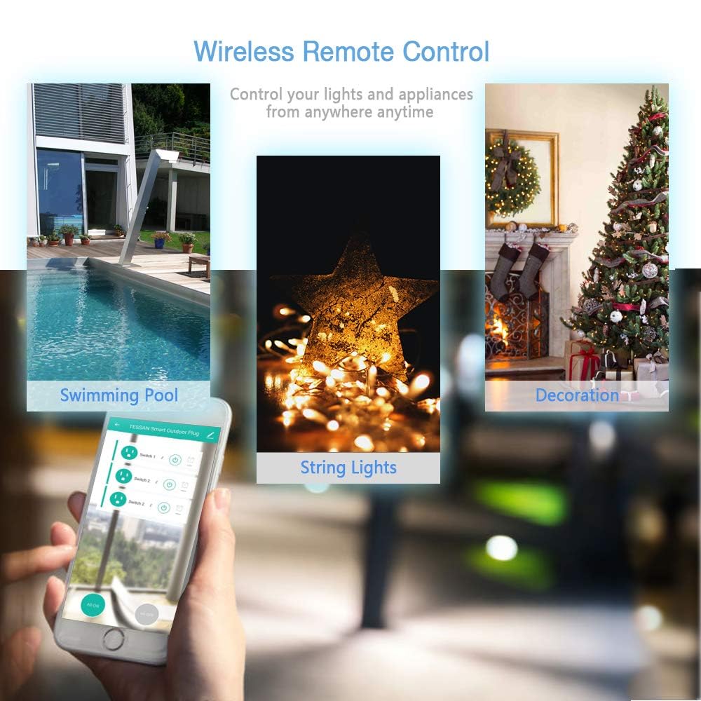 Outdoor Smart Plug Waterproof, TESSAN WiFi Smart Outlet Switch with 3 Individual Sockets Work with Alexa Echo Google Home, Remote Control Timer by Smartphone