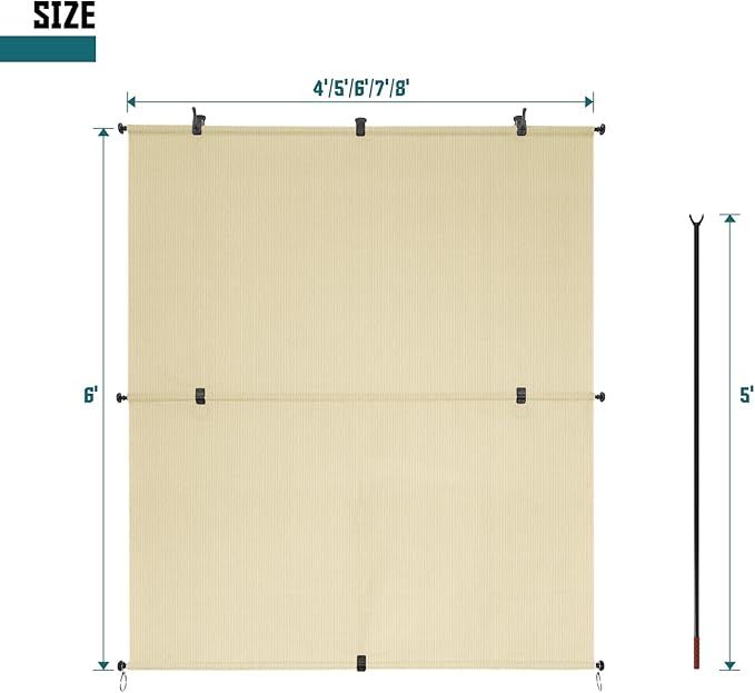 Bynbbur 6'W x 6.5'H Outdoor Patio Shades Foldable Roller Blinds, 220 GSM Sun Shade Roll Up Porch Screens Exterior Shade Cloth for Deck Pergola Backyard, Beige