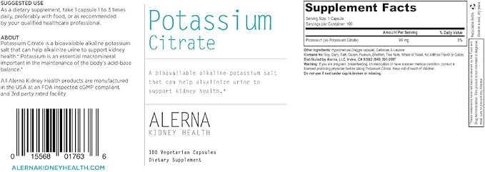 Potassium Citrate 99 mg - Supports Electrolyte Balance and Normal pH - Essential Mineral - 100 Vegetarian Capsules
