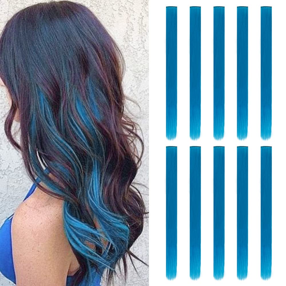 20 Inch Colored Clip In Hair Extensions 10Pcs Straight Hair Synthetic Hairpieces For Party Highlight Navy Blue