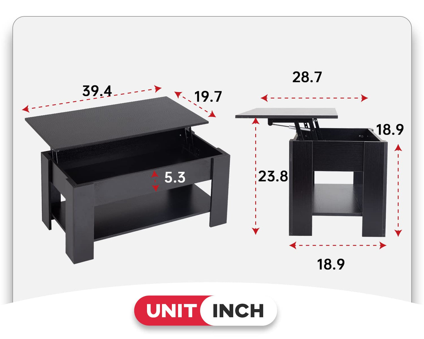 FDW 39.4" Lift Top Coffee Table with Hidden Compartment and Storage Shelf Wooden Lift Tabletop for Home Living Room Reception Room Office (Black)