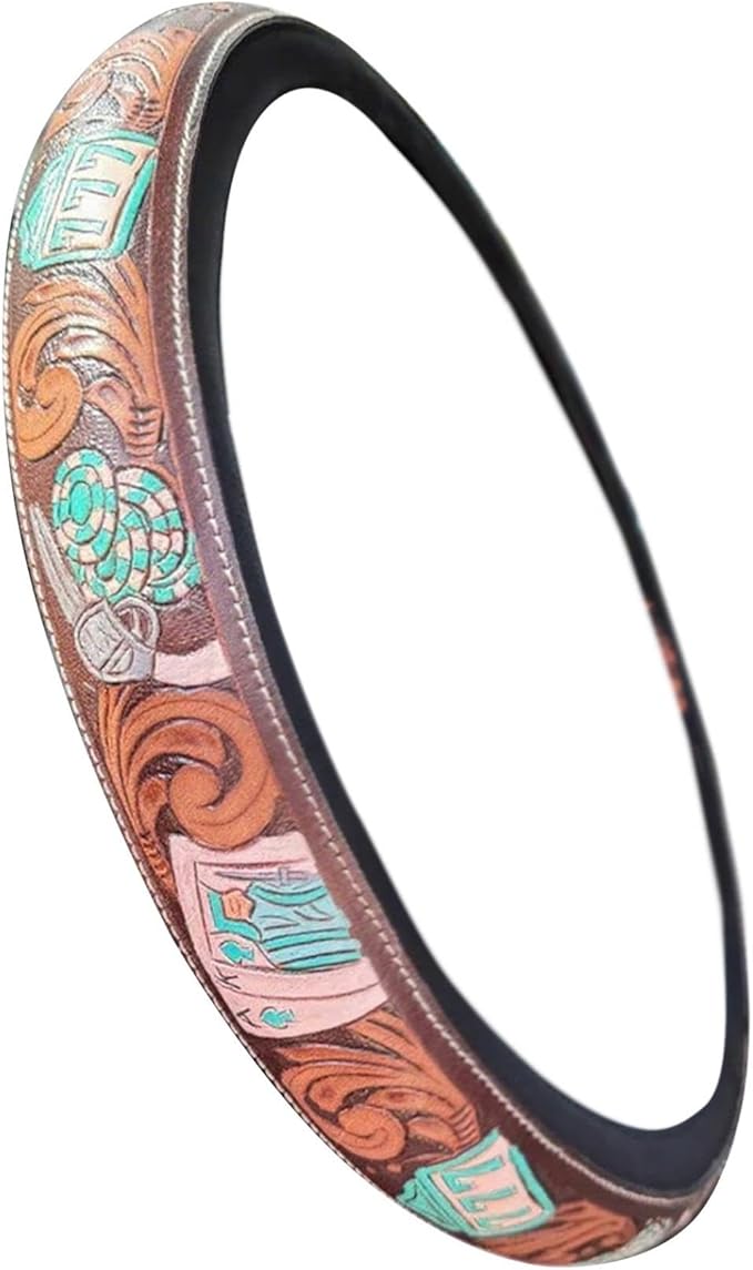 Steering Wheel Cover Western Car Tooled Leather Retro Cowboy Car & Truck Accessory, Universal 15 Inch Non Slip Wheel Cover for SUV, Pickup, Comfortable Grip, Easy to Install (Sky Blue)