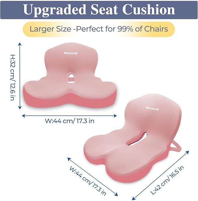 Memory Foam Seat Cushion for Sciatica & Back Pain Relief - Ergonomic Chair Pad with Adjustable Strap & Supportive Comfort Cover, Non-Slip for Car, Truck, Office Chair - Pink