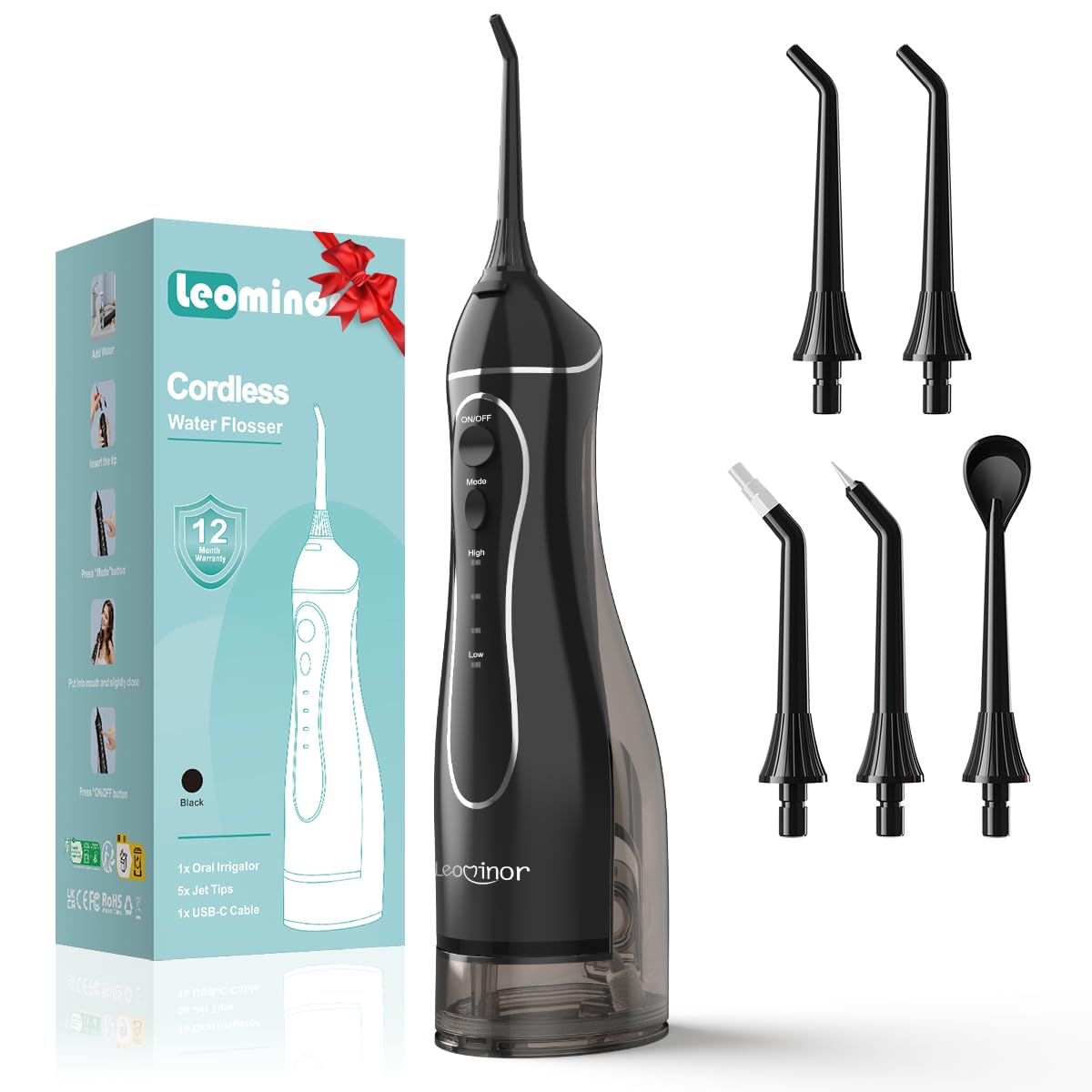 Leominor Water Dental Flosser Pick for Teeth, 300ML Portable Oral Irrigator Upgraded Tank Removable,IPX7 Waterproof, Rechargeable Travel Teeth Cleaner, Professional Electric Flossing Machine (Black)