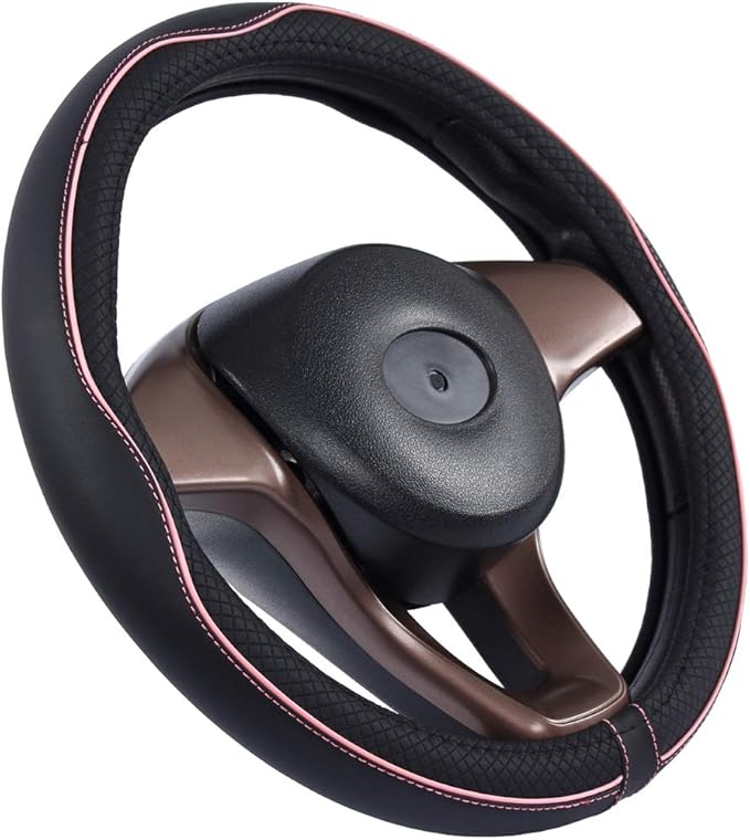 Mayco Bell Universal Standard Size Steering Wheel Cover Anti-Slip,Safety,Soft,Breathable,Durable,Full Surround,Comfortable Grip Microfiber Leather (14.5-15 inch,Black Pink)