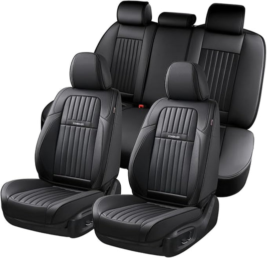 Coverado Car Seat Covers Full Set, Seat Covers for Cars, Black Car Seat Cover, Nappa Leather Car Seat Cushion, Car Seat Protector, Waterproof Car Seat Covers Front Seats and Back Fit for Most Cars