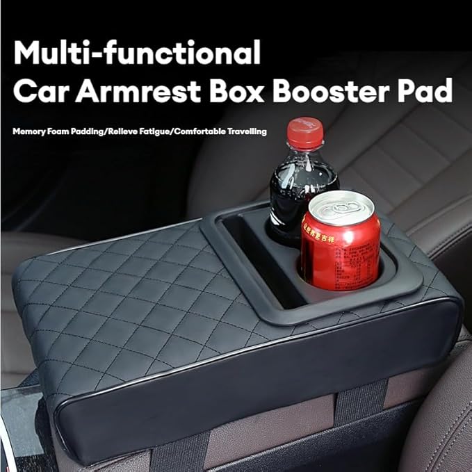 Center Console Cover Car Armrest Box Pad Leather Arm Rest Cushion with Cup Holder Mobile Phone Storage Armrest Protection Pad for Car (Grid Grey, 13.58 * 8.07 * 2.95 inch)