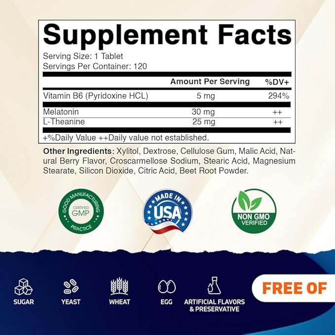 Vitamatic Melatonin 30 mg - with B6 & L-Theanine - 120 Fast Dissolve Tablets with Natural Berry Flavor (2 Tablets Dose = Melatonin 60 mg) (120 Count (Pack of 2))