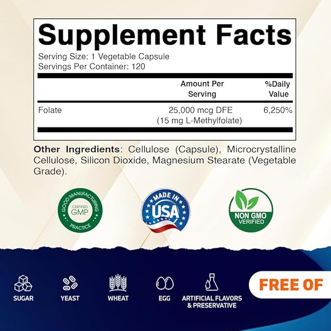 Vitamatic Methyl Folate 15mg – 120 Vegetable Capsules Optimized and Activated High Potency – Metabolically Active Folate