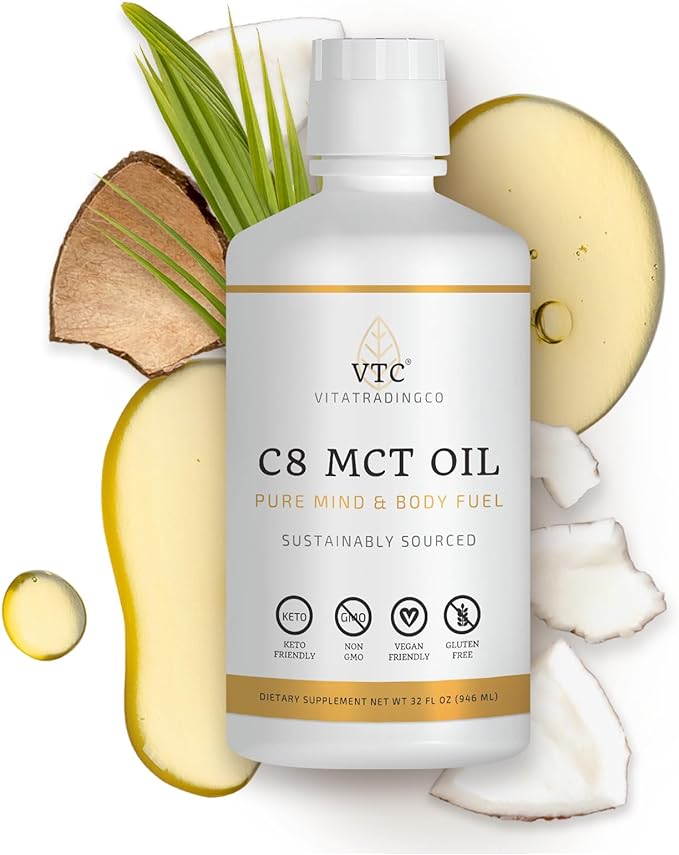 VTC VitaTradingCo. 100% Pure C8 MCT Oil | 3X Distilled Caprylic Acid | Healthy Fat for Clean Energy | Sustainably Sourced | Non-GMO, Paleo, Keto | 32oz, 64 Servings (Unflavored)