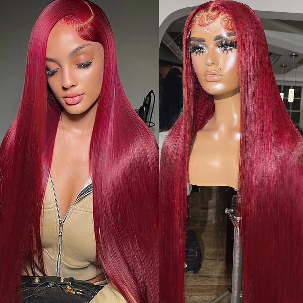 Sweetie 99J Burgundy 13X4 Lace Front Wigs Human Hair 180% Density 28 Inch Straight Lace Front Wigs Human Hair Glueless Wigs Huma
