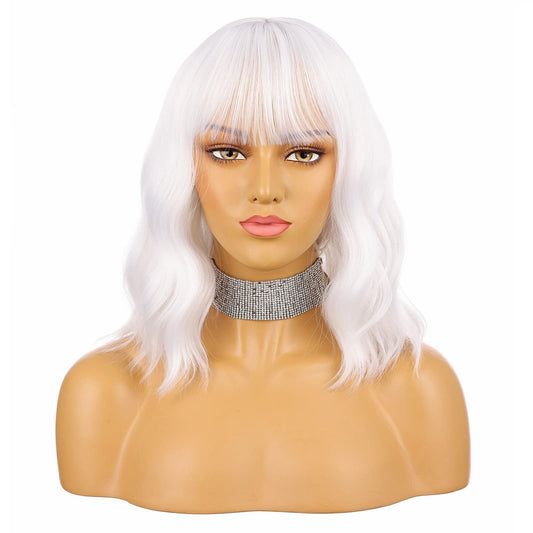 Enilecor White Wig,Short Bob Wig For Women, Curly Wavy Colored Wigs With Air Bangs, 14'' Natural Looking Heat Resistant Syntheti
