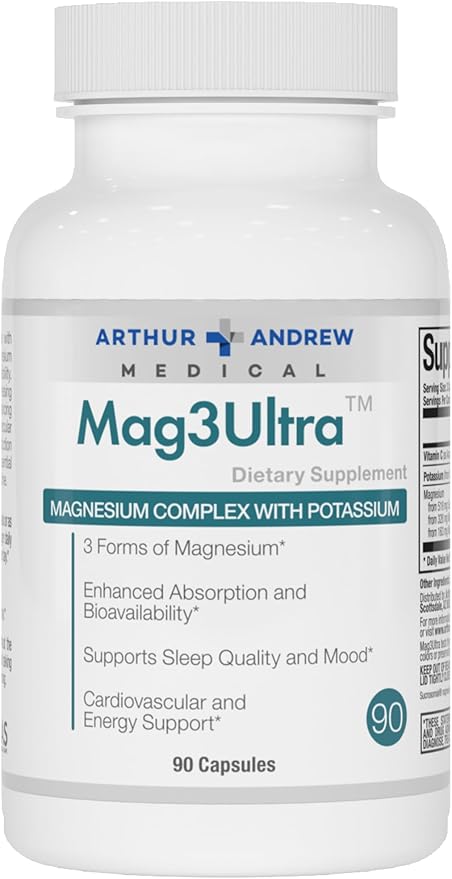 Arthur Andrew Medical, Mag3Ultra Triple Magnesium Supplement, Sucrosomial, Bisglycinate, Taurate for Muscle, Stress, Mood, Nerve, Bone & Heart Support, 90 Capsules