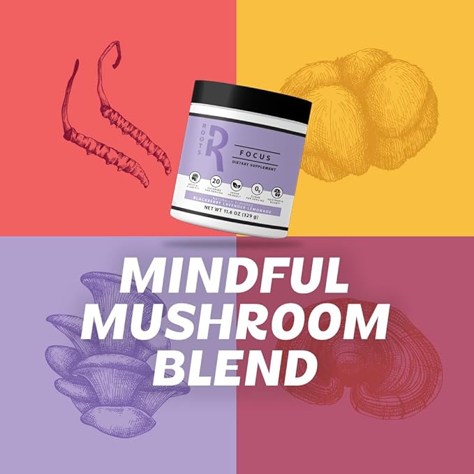 Roots Focus Nootropic Brain Supplement - Spicy Pineapple, Blend of Lion's Mane, Cordyceps, & Reishi Functional Mushrooms + Extended-Release Caffeine, 50 Servings