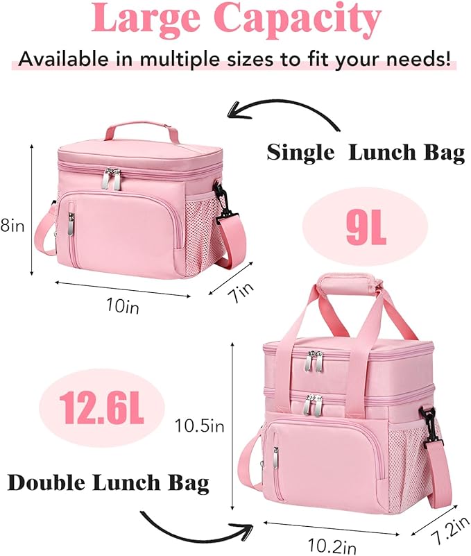 Insulated Lunch Bag for Men & Women, 9L Leakproof Lunch Box Soft Cooler Tote with 5 Pockets, 600D Oxford, EVA Lining, Adjustable Strap for Work, Picnic, Beach&Travel-Pink