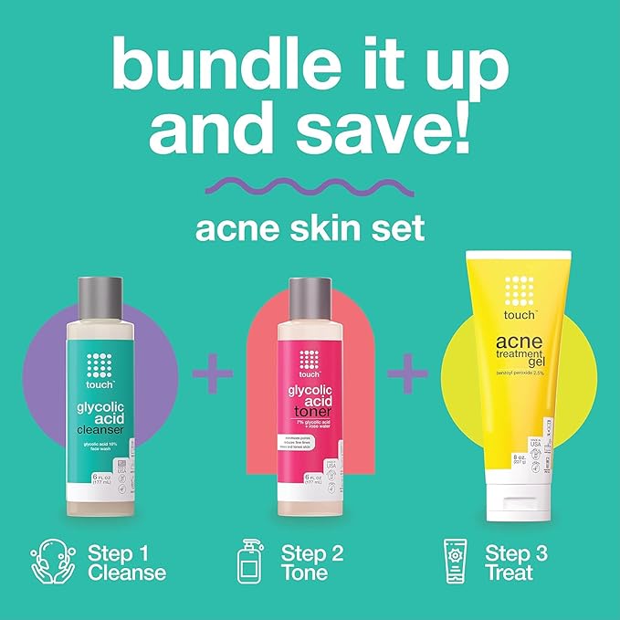 Touch Benzoyl Peroxide 2.5% Gel Cream For Acne - Pimples and Cystic Acne Spot & Daily Face and Back Medication for Adults & Teens – Goes on Clear Lightweight & Non-Drying - Large 8 oz.