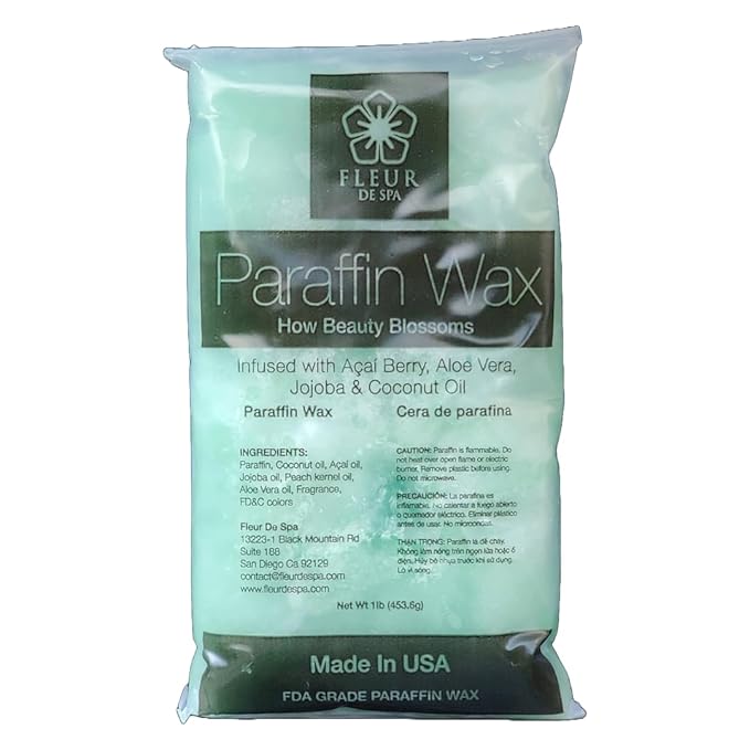 Paraffin Wax refill by Fleur De Spa - Infused with Acai, Coconut oil, Jojoba and Aloe USA Made (Rosemary, Mint & Eucalyptus, 1 pound)