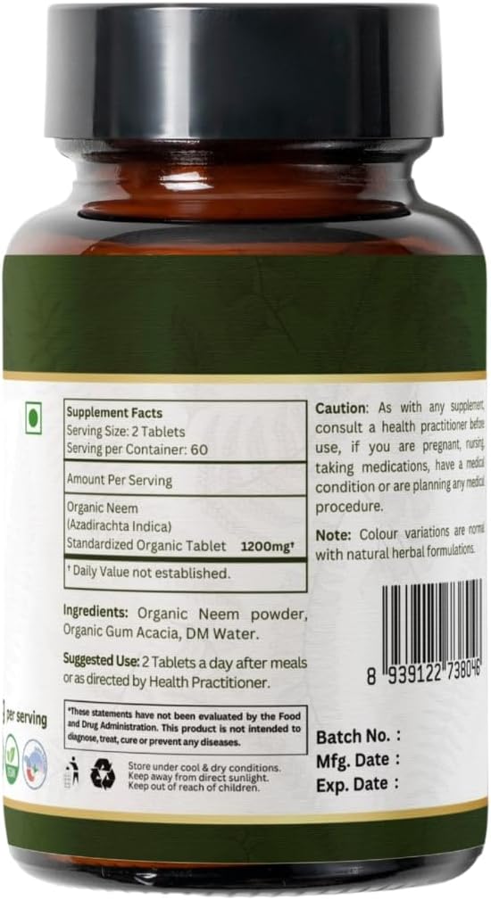 NEEM 120 Tablets | Azadirachta Indica (Neem) | USDA Organic Certified | Healthy Skin and Detox | Organic and Natural 120tab - Pack of 3