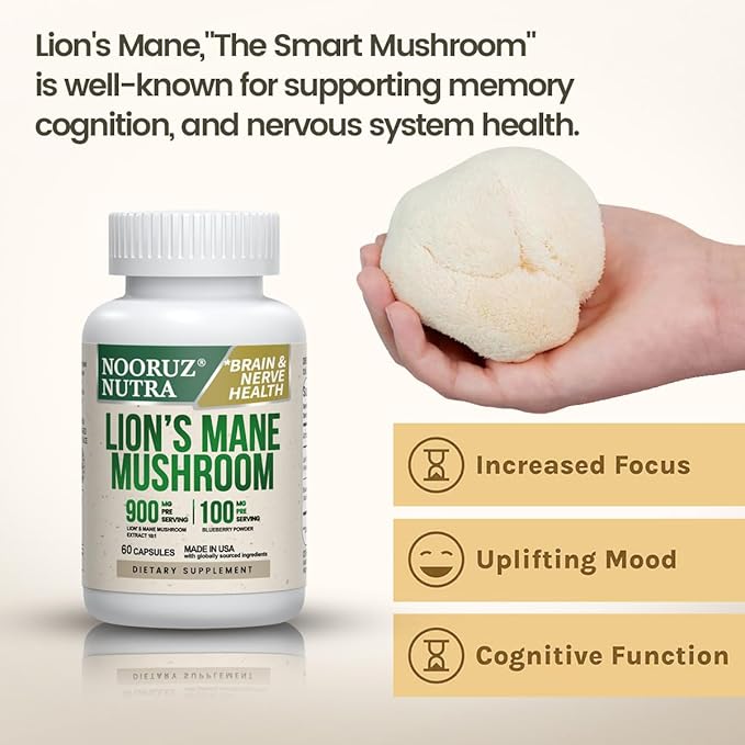 Organic Lion’s Mane Capsule: 10:1 Concentration Equals 10,000mg Mushroom, Enhanced with Blueberry for Vitality, Mental Clarity, and Concentration – 60 Plant-Based Capsules (No Tablets/Powder)