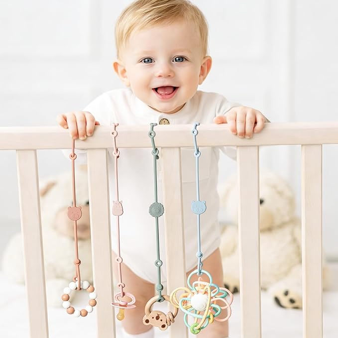 ROCCED Toy Straps for Baby 6pcs, Silicone High Chair Toys Straps Stroller Accessories Toddler Bottle Strap Car Seat Toys Baby Travel Essential Silicone Ivory+Sage+Blue
