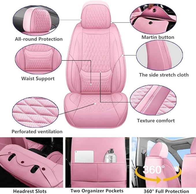 Car Seat Covers Full Set Custom Fit for Mercury Milan 2006-2011 - Premium Faux Leather with Lumbar Support | Breathable, Waterproof, Anti-Slip, Durable (Pink,Full Set)