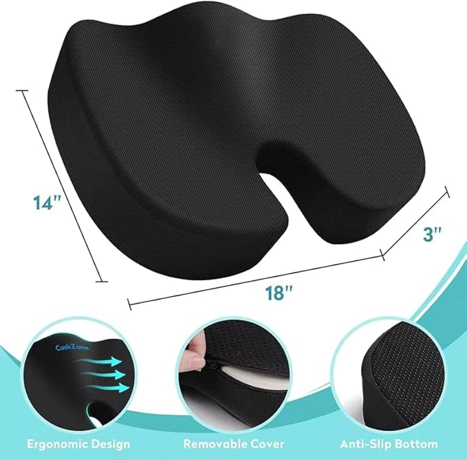 Seat Cushion – Memory Foam, Non-Slip Orthopedic Coccyx Support for Office Chairs, Car Seats & Home, Ergonomic Tailbone, Sciatica & Lower Back Pain Relief