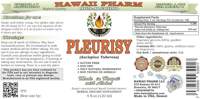 Pleurisy Root Alcohol-Free Liquid Extract, Pleurisy Root (Asclepius tuberosa) Dried Root Glycerite Natural Herbal Supplement, Hawaii Pharm, USA 15x4 fl.oz