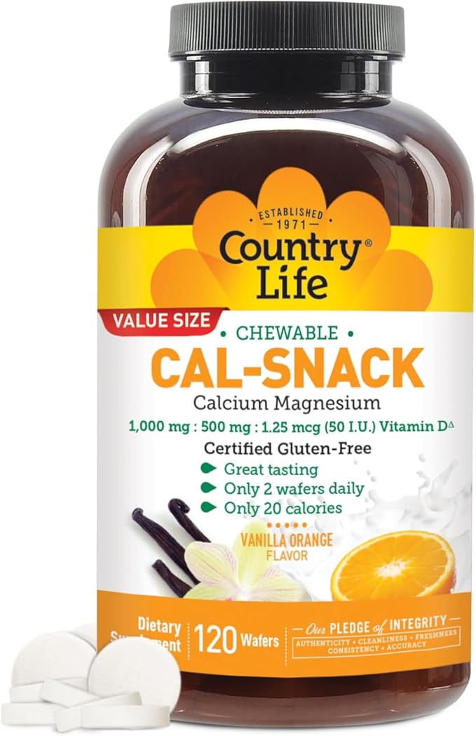 Country Life Cal-Snack - Chewable Calcium Magnesium Supplement wafers with Vitamin D3, Easy to Digest, Vanilla Orange Flavor, Dietary Supplement