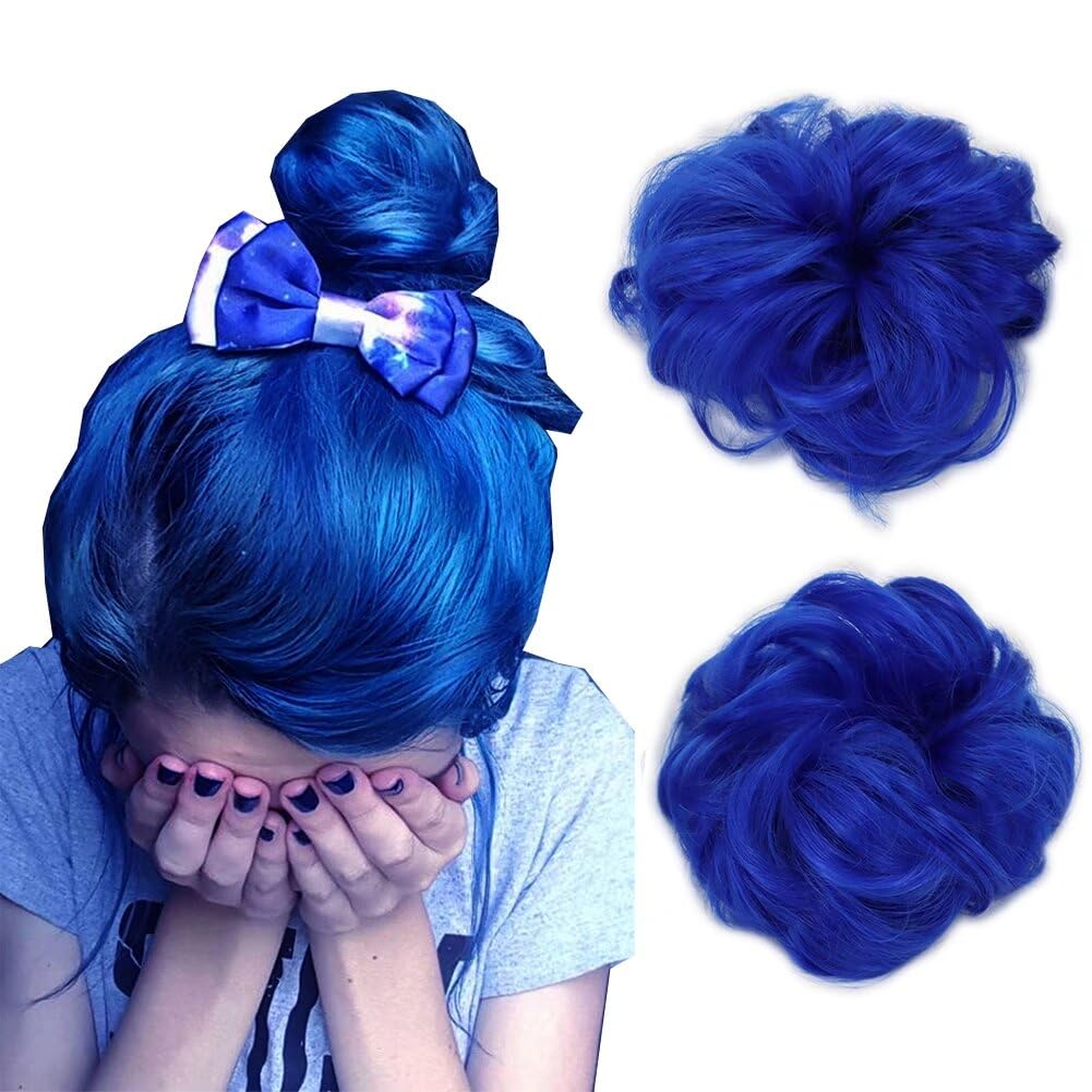 Iluu Hair Extension Curly Up Do Blue Color Synthetic Hair Messy Bun Extensions Wavy Elastic Chignon Bun Hairpieces Hair Extensio
