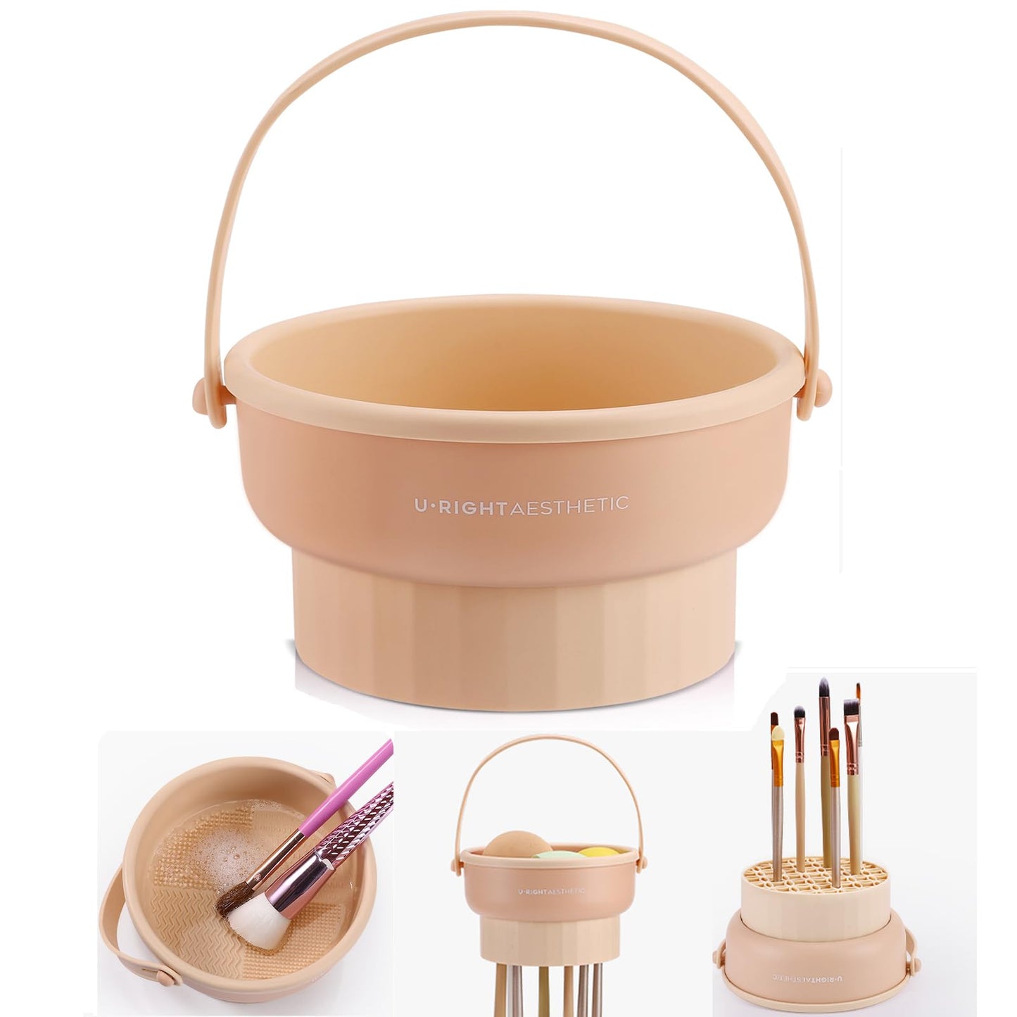 UPTOZOBLY 3 in 1 Brush Cleaning Mat with Brush Drying Holder, Silicone Makeup Brush Cleaner Mat Make Up Brush Cleaning Bowl Cosm