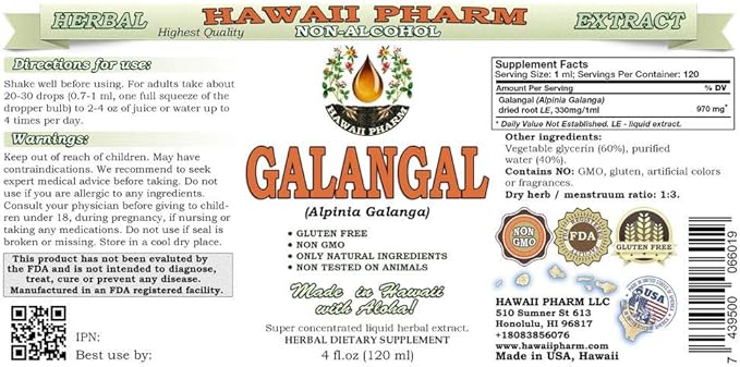 Galangal Root Alcohol-Free Liquid Extract, Organic Organic Galangal (Alpinia Galangal) Dried Root Glycerite Hawaii Pharm Natural Herbal Supplement 4x4 oz