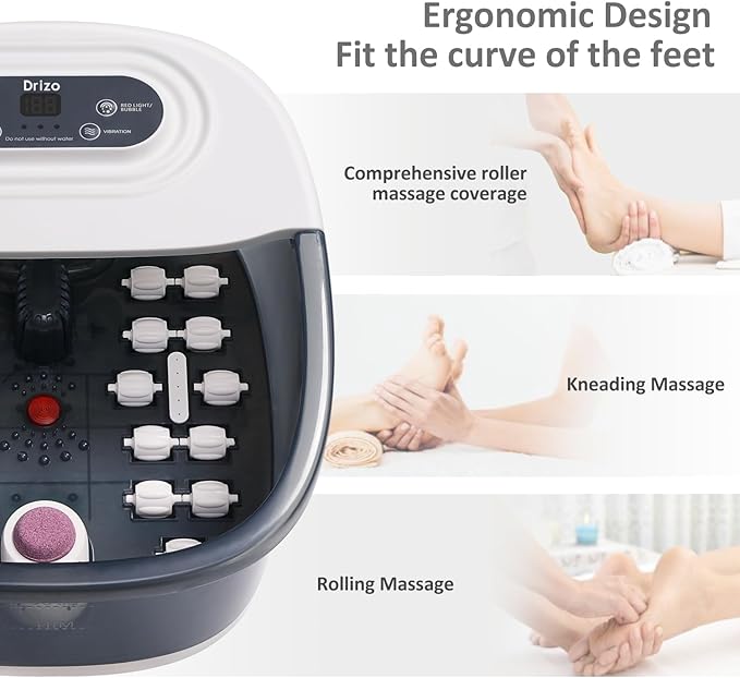 drizo Foot Spa Bath Massager with Heat, Vibration, Temp Control, Bubbles, Epsom Salt and Red Light,Foot Soaker with 22 Massage Rollers, Bath Massager for Relax,Gray