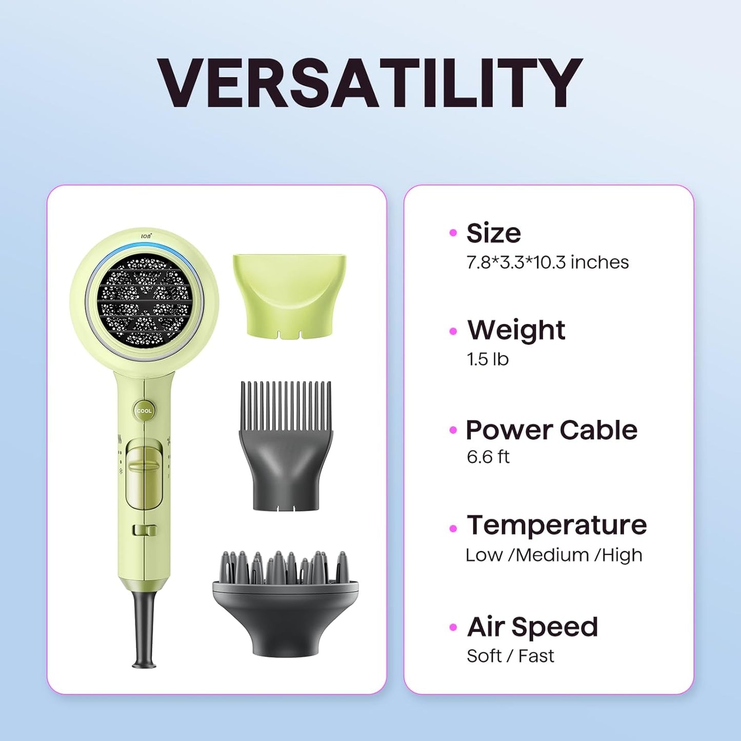 Ionic Hair Dryer for Curly Hair | 1875W Fast Drying | Diffuser & Attachments | Rose Gold