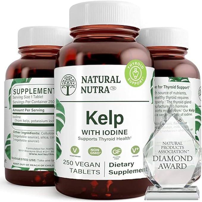 Natural Nutra Kelp Iodine Thyroid Support Supplement, Strengthens Immune System, and Regulates Metabolism, Vegan Sea Kelp, Non GMO, Atlantic Sourced Seaweed Extract, 225 mcg, 250 Tablets (Pack of 2)