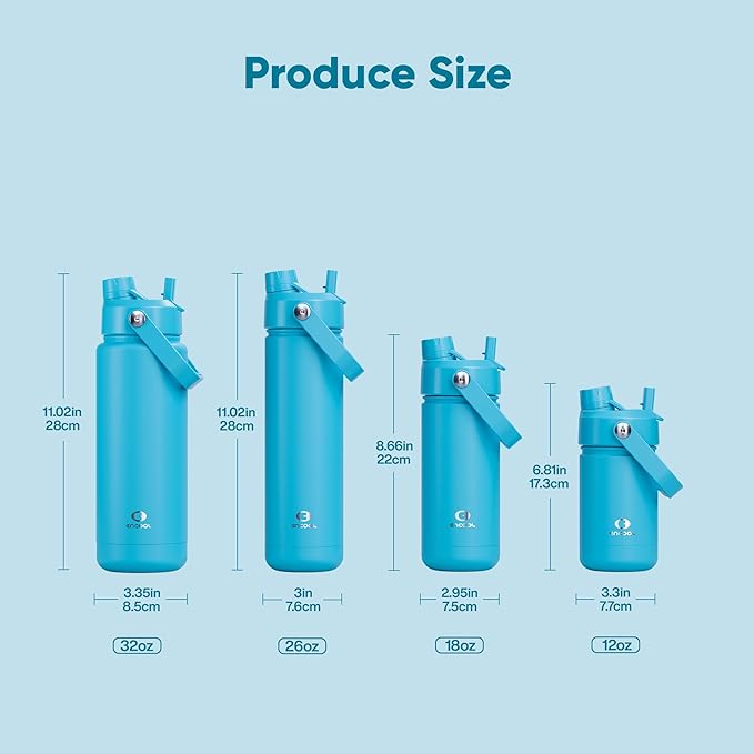 Insulated Water Bottle with Straw - Encool Stainless Steel Water Bottle, Leak-Proof, BPA-Free, Double Wall Vacuum Keeps Cold for 24 Hours for Sports, Travel, School (32 oz, Azure Blue)
