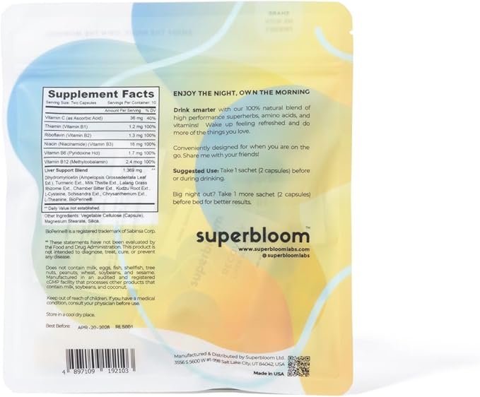 superbloom Recovery Liver Support - 2 Pack | Liver Detox with DHM, Turmeric, Milk Thistle | 10 Sachets, 20 Capsules | Enjoy The Night, Own The Morning