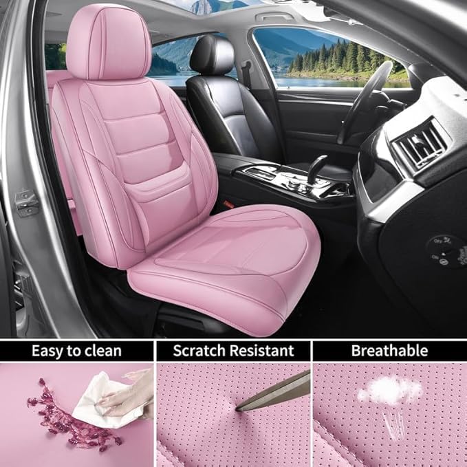 Car Seat Covers Full Set Fit for Buick Lacrosse 2004-2019, Premium Faux Leather Waterproof Car Seat Protectors with Lumbar Support, Breathable Anti-Slip Easy to Install(Pink,Full Set)
