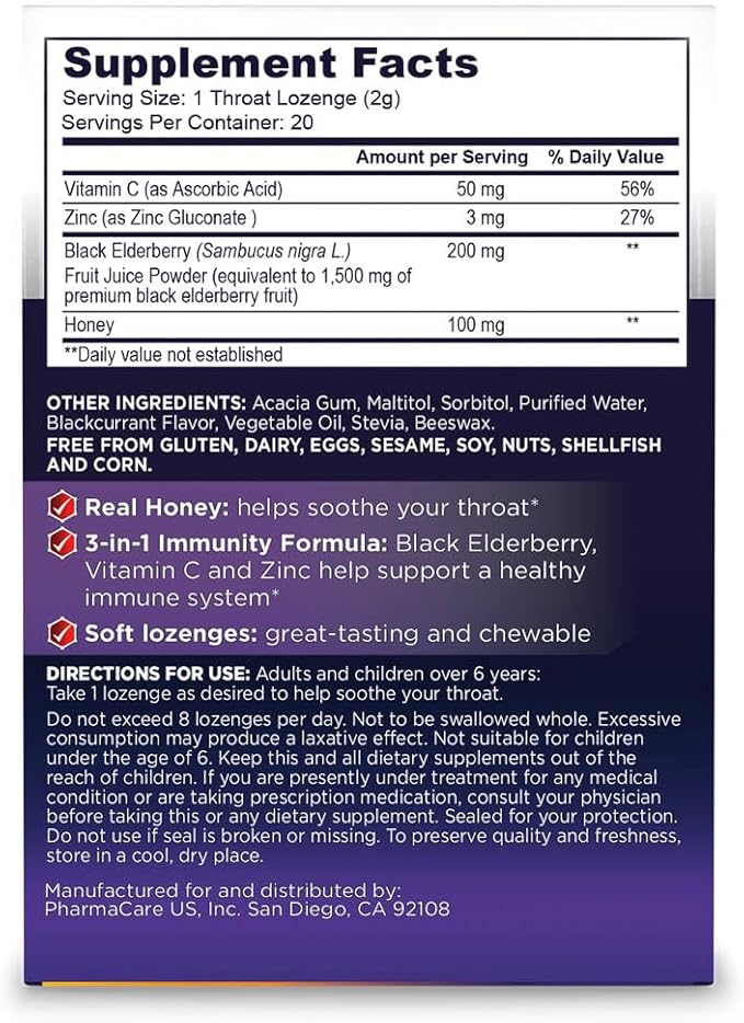 Sambucol Black Elderberry Throat Lozenge - with Honey, Vitamin C & Zinc, Elderberry Lozenges Sore Throat & Cough, Soothes Scratchy Throat, Supports Immunity, Soft & Chewy - 20 Count, 2-Pack
