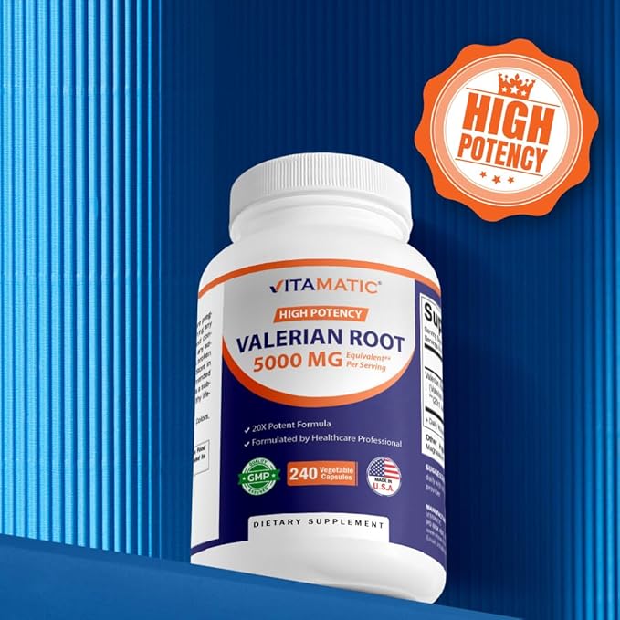 Vitamatic Valerian Root 5000mg Equivalent Per Serving (from 20:1 Extract 250 mg) - 240 Capsules - 20X Concentrated Extract