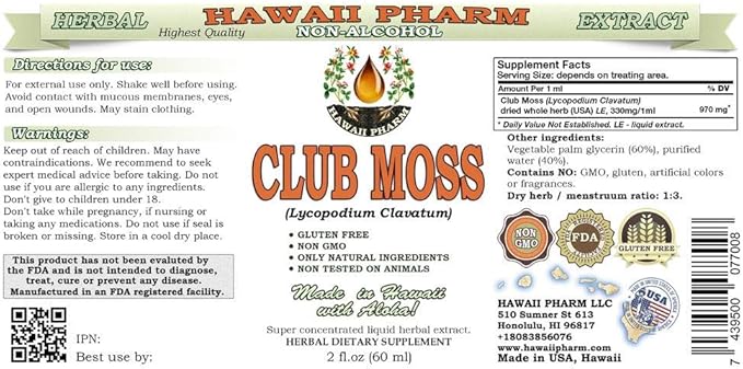 Hawaii Pharm Club Moss Alcohol-Free Liquid Extract, Club Moss (Lycopodium clavatum) Dried Whole Herb Glycerite Natural Herbal Supplement 2x2 oz