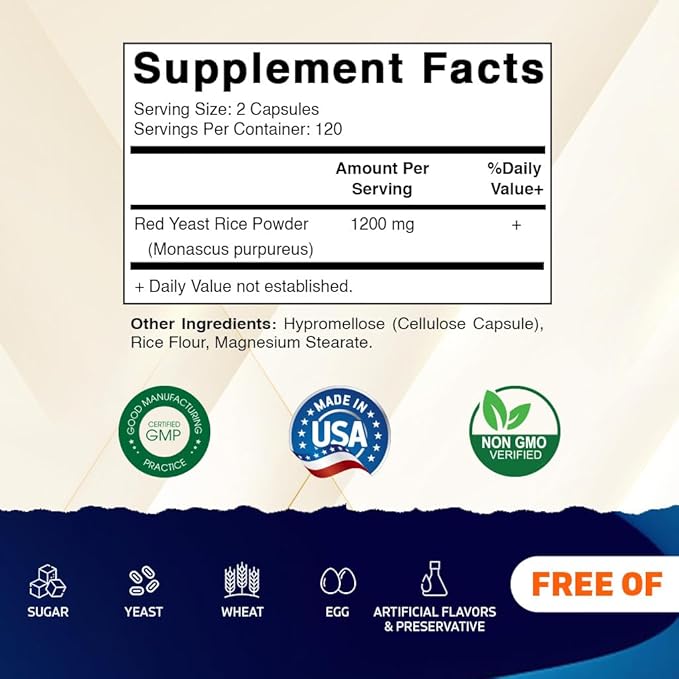 Vitamatic Red Yeast Rice 1200 mg Per Serving - 240 Veg Capsules - Made in The USA - Non-GMO & Gluten Free