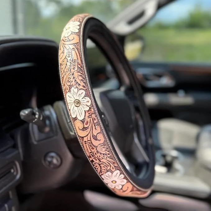Western Steering Wheel Cover,Retro Western Cowboy Car Universal Steering Wheel Cover,Embossed Hand-Painted Leather Western Car Accessories, for Women Man, Anti-Slip Design Easy to Install (D)