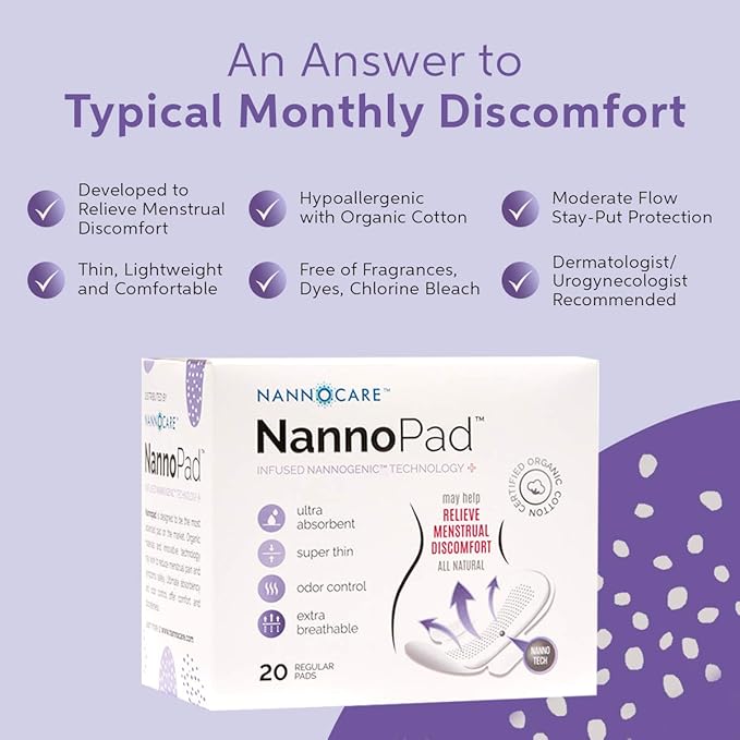 Pads for Women - Nannocare Certified, Organic Cotton - Discomfort Reducing Pads With Wings - Feminine Hygiene - 2 Pack of 20