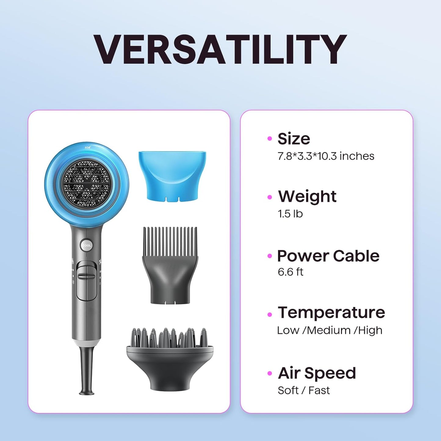 Ionic Hair Dryer for Curly Hair | 1875W Fast Drying | Diffuser & Attachments | Rose Gold