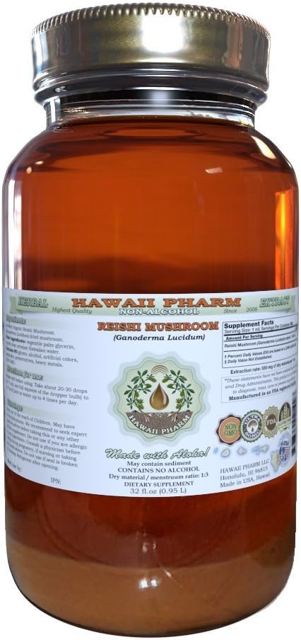 Reishi Alcohol-Free Liquid Extract - Tonic of Emperors, Organic Reishi Mushroom (Ganoderma Lucidum) Dried Mushroom Glycerite Natural Herbal Supplement, Hawaii Pharm, USA 32 fl.oz