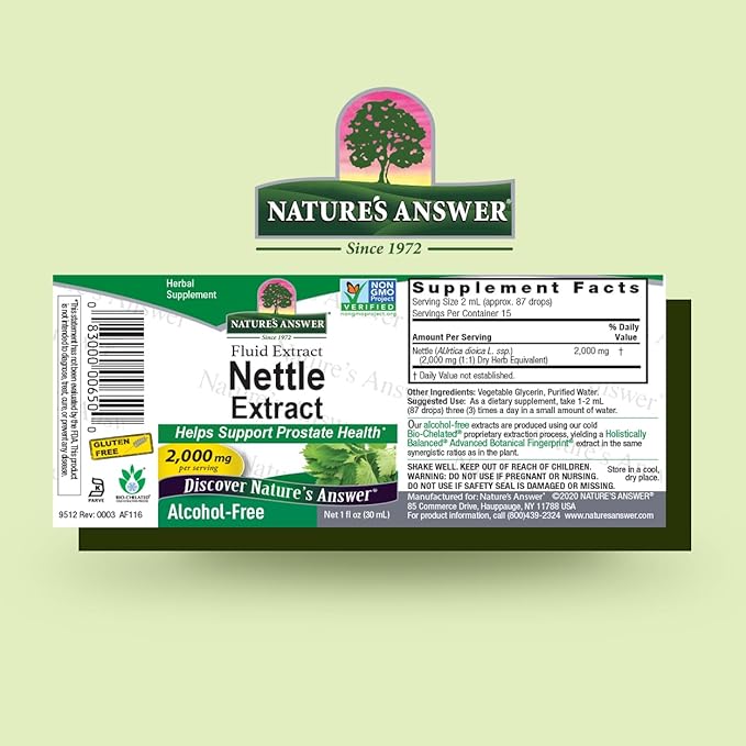 Nature's Answer Nettle Extract 1 Ounce – Gluten Free, Non-GMO, Alcohol-Free, Kosher, Supports Prostate Function & Male Wellness – Made in The USA, Functional for Nettle Tea
