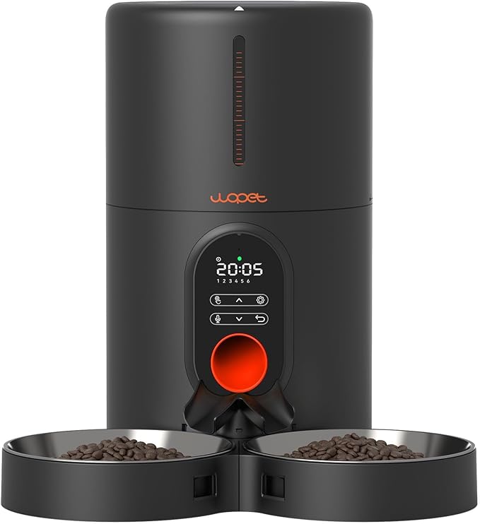 WOPET Automatic Cat Feeders 2 Cats-Timed Cat Feeder with Stainless Steel Bowl, Programmable 1-6 Meals Control, Dual Power Supply Auto Pet Feeder for Cats and Dogs